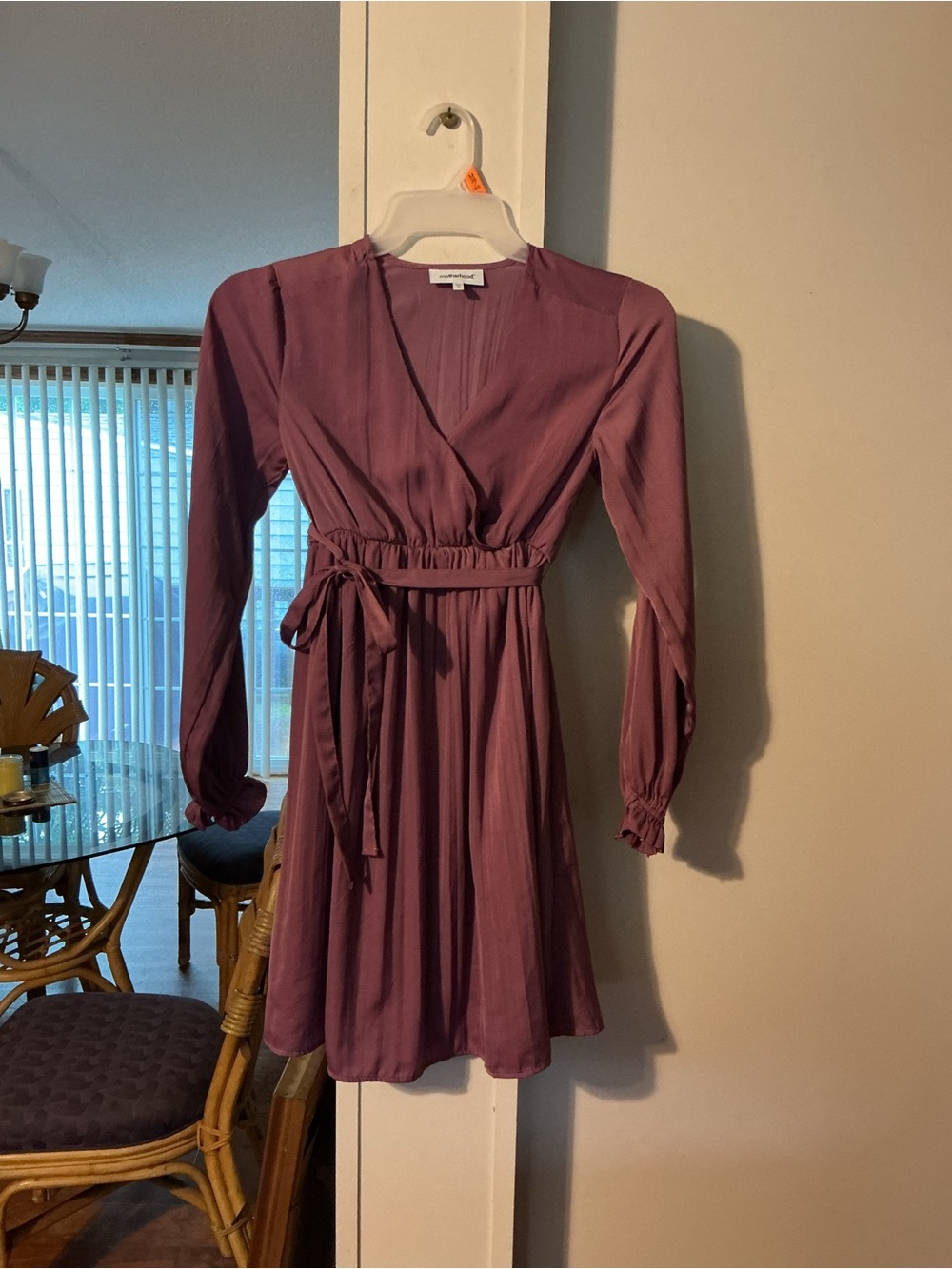 Motherhood Mauve Long-Sleeve Wrap Dress with Tie Waist